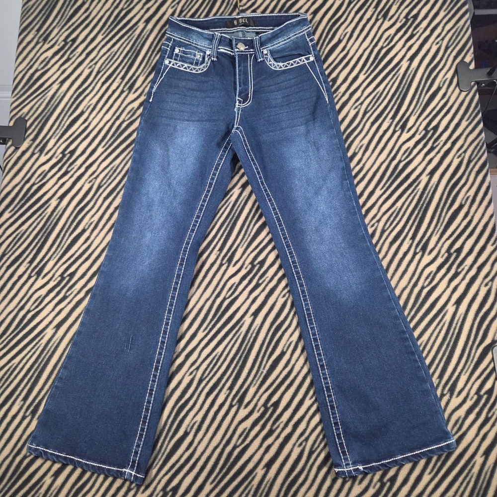 Y2K R3BEL Jeans Dark Wash Flare Leg Embellished Dreamcatcher Pockets Size 7/26